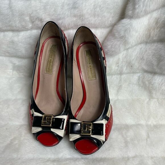 Jorge Bishoff Red patent leather,black white stripes textile peep toe he… - Picture 2 of 10